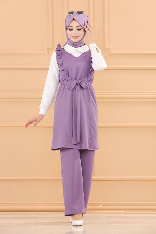 Düz V Yaka Kadın Lila TUNIK PANTOLON - 3710