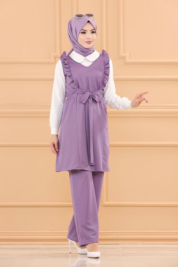 Düz V Yaka Kadın Lila TUNIK PANTOLON - 3710