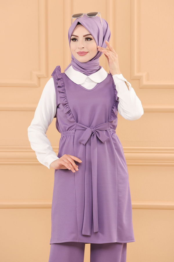 Düz V Yaka Kadın Lila TUNIK PANTOLON - 3710