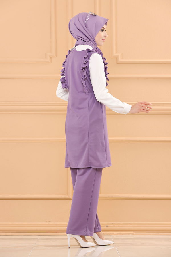 Düz V Yaka Kadın Lila TUNIK PANTOLON - 3710