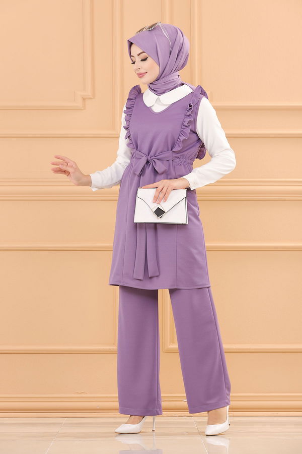 Düz V Yaka Kadın Lila TUNIK PANTOLON - 3710