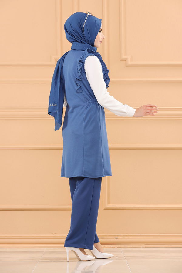 Düz V Yaka Kadın Mavi TUNIK PANTOLON - 3710 MAVİ