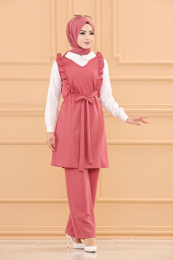 Düz V Yaka Kadın Pembe TUNIK PANTOLON - 3710 PEMBE