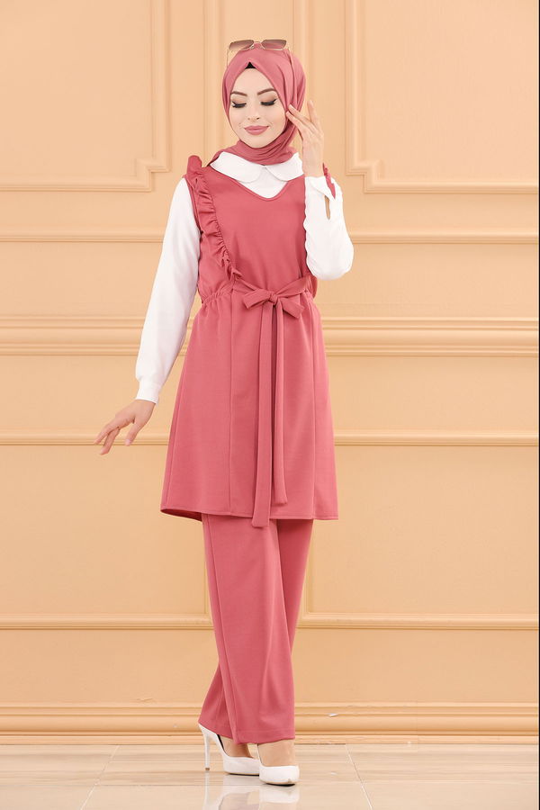 Düz V Yaka Kadın Pembe TUNIK PANTOLON - 3710 PEMBE