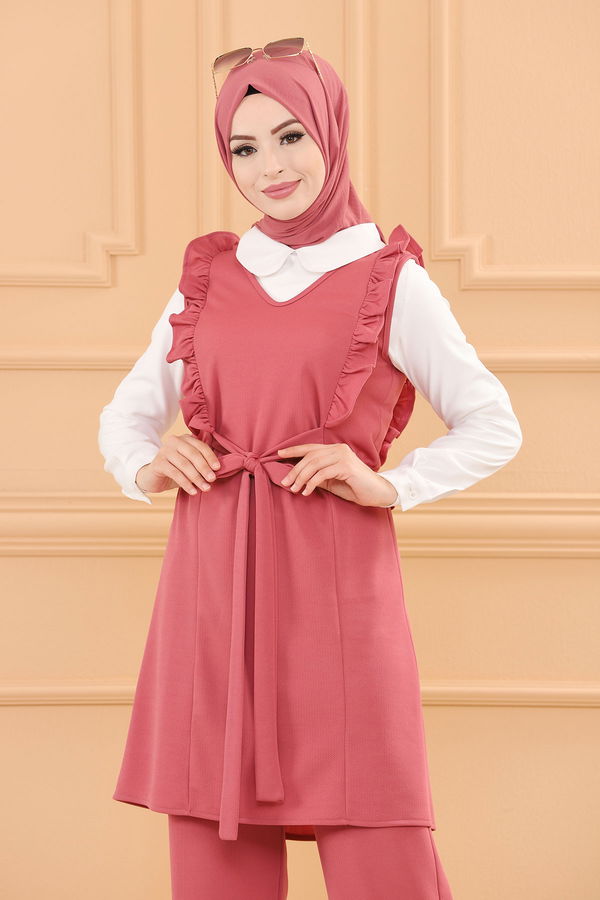 Düz V Yaka Kadın Pembe TUNIK PANTOLON - 3710 PEMBE