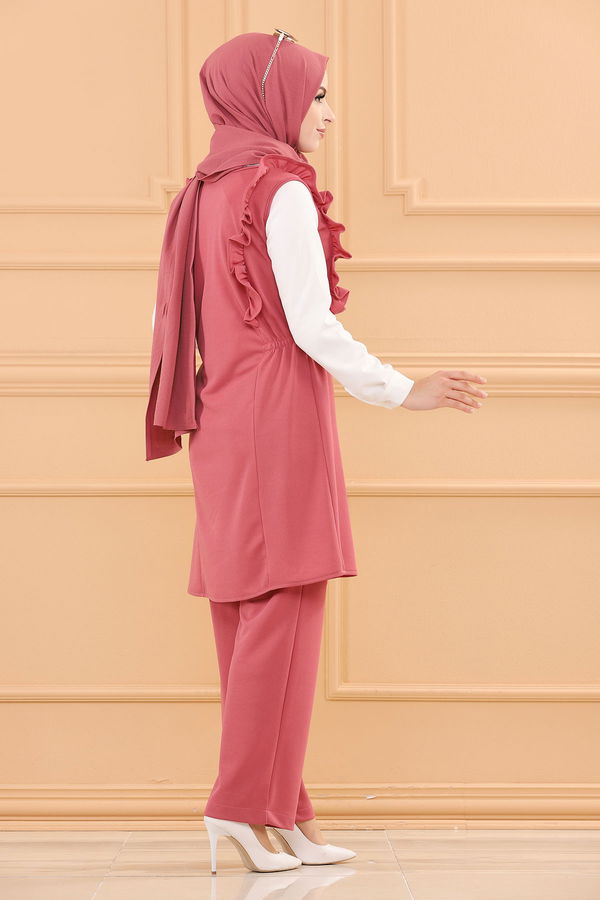 Düz V Yaka Kadın Pembe TUNIK PANTOLON - 3710 PEMBE
