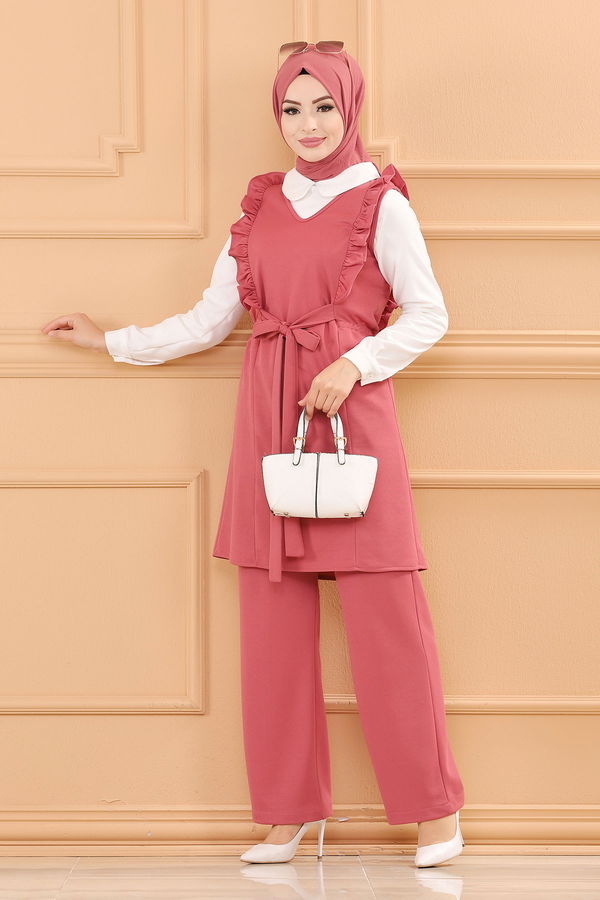 Düz V Yaka Kadın Pembe TUNIK PANTOLON - 3710 PEMBE