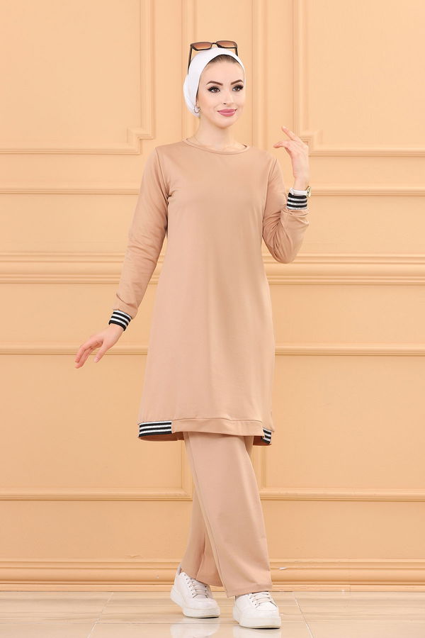 Düz Bisiklet Yaka Kadın Vizon TUNIK PANTOLON - 3759