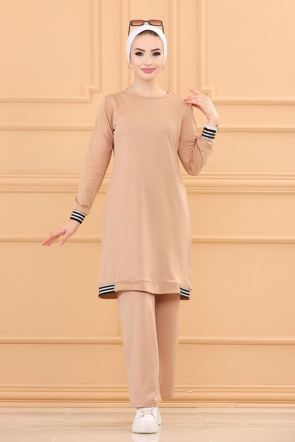 Düz Bisiklet Yaka Kadın Vizon TUNIK PANTOLON - 3759