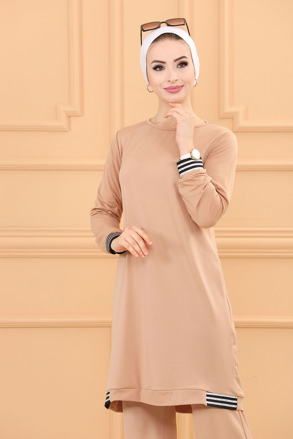 Düz Bisiklet Yaka Kadın Vizon TUNIK PANTOLON - 3759