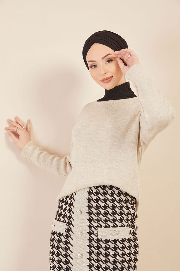 Düz Orta Kadın Bej Kazak Etek TAS - 20723 - 20723 BEJ
