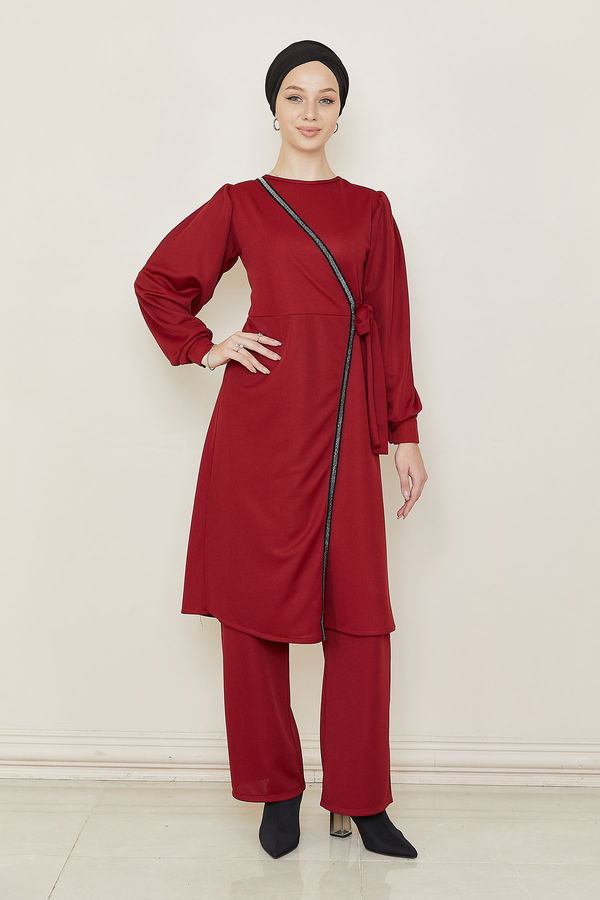 Düz Bisiklet Yaka Kadın Bordo TUNIK PANTOLON - 3682 BORDO