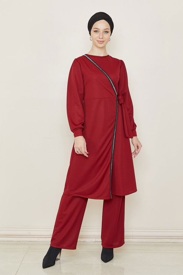 Düz Bisiklet Yaka Kadın Bordo TUNIK PANTOLON - 3682 BORDO