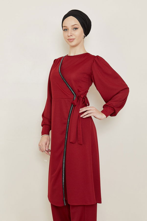 Düz Bisiklet Yaka Kadın Bordo TUNIK PANTOLON - 3682 BORDO