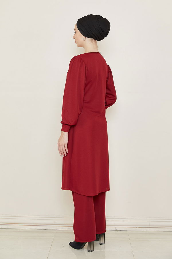 Düz Bisiklet Yaka Kadın Bordo TUNIK PANTOLON - 3682 BORDO