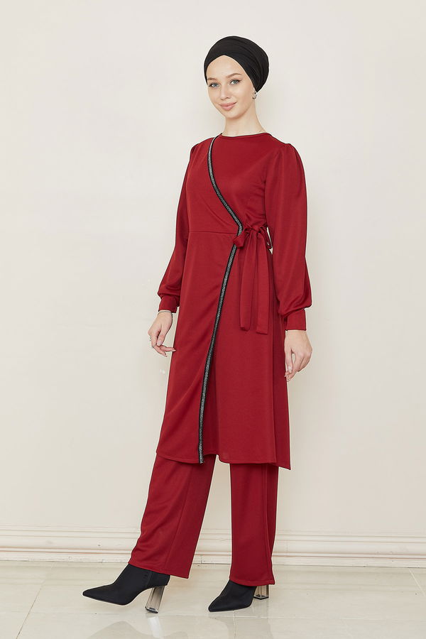 Düz Bisiklet Yaka Kadın Bordo TUNIK PANTOLON - 3682 BORDO