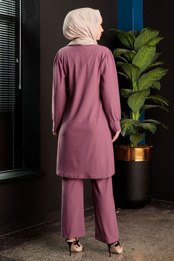 Düz Bisiklet Yaka Kadın Lila Tunık Pantolon  - 3593 LİLA