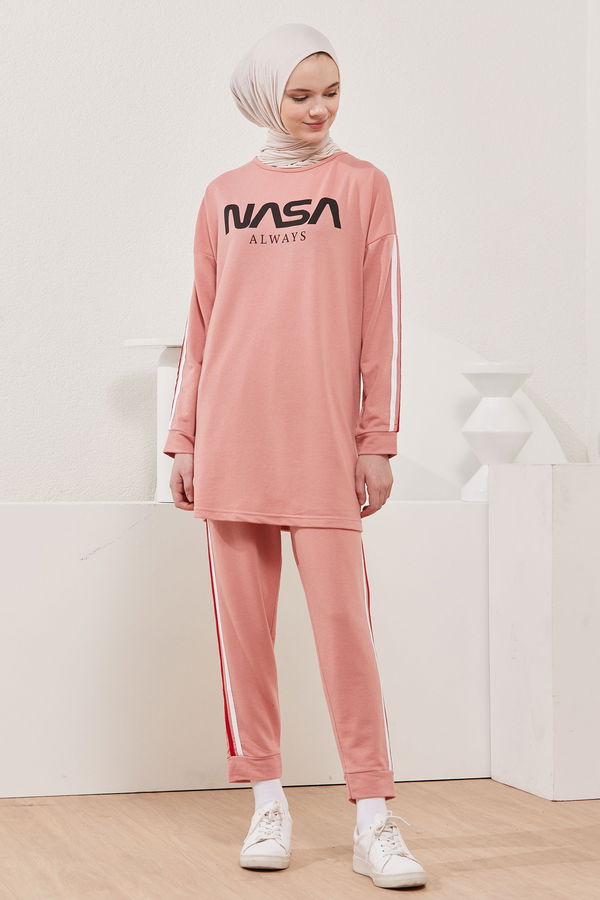 Düz Bisiklet Yaka Kadın Pembe TUNIK PANTOLON - 4141 PEMBE