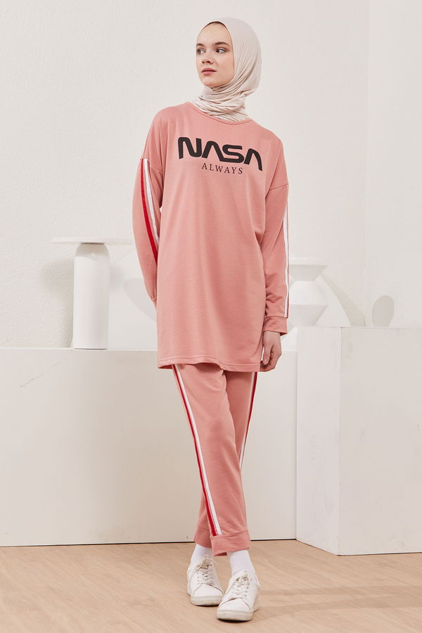 Düz Bisiklet Yaka Kadın Pembe TUNIK PANTOLON - 4141 PEMBE