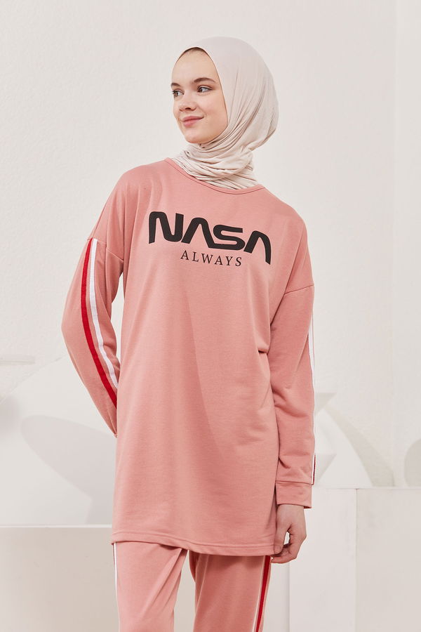 Düz Bisiklet Yaka Kadın Pembe TUNIK PANTOLON - 4141 PEMBE