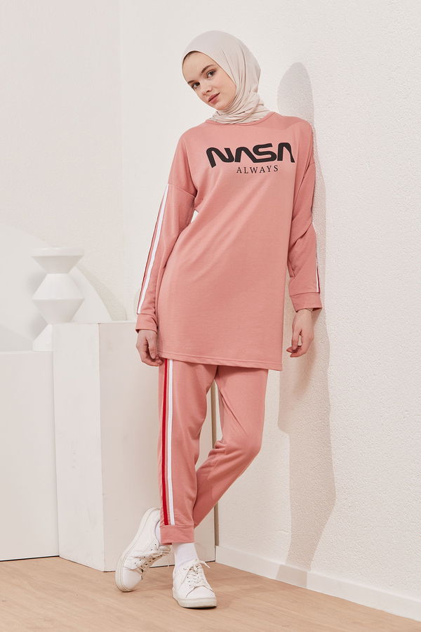 Düz Bisiklet Yaka Kadın Pembe TUNIK PANTOLON - 4141 PEMBE