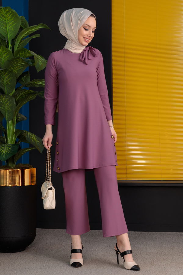 Düz Bisiklet Yaka Kadın Lila TUNIK PANTOLON - 3758 LİLA