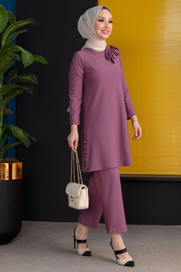 Düz Bisiklet Yaka Kadın Lila TUNIK PANTOLON - 3758 LİLA