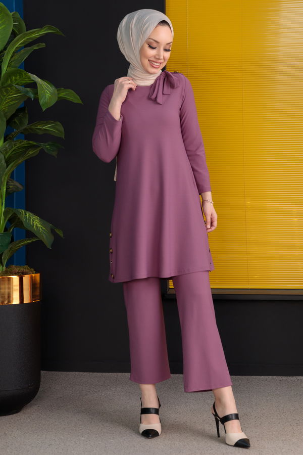 Düz Bisiklet Yaka Kadın Lila TUNIK PANTOLON - 3758 LİLA