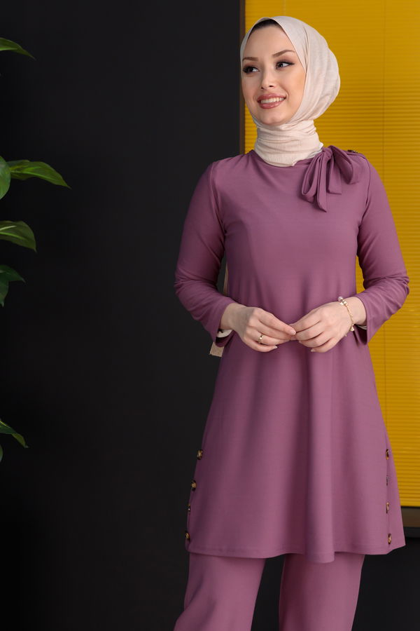 Düz Bisiklet Yaka Kadın Lila TUNIK PANTOLON - 3758 LİLA