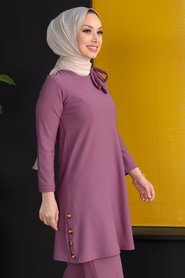Düz Bisiklet Yaka Kadın Lila TUNIK PANTOLON - 3758 LİLA