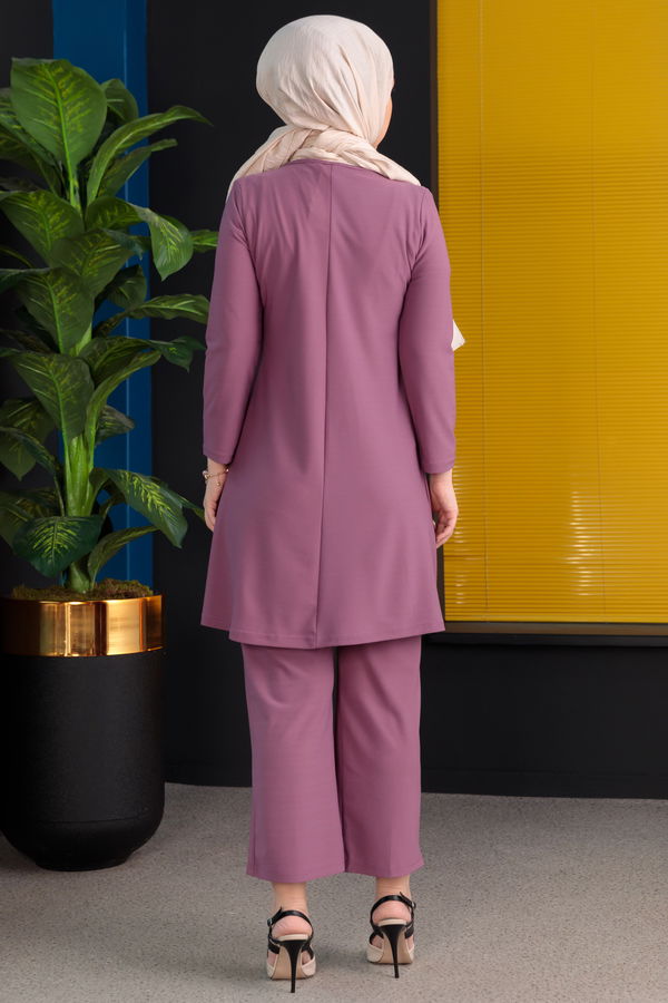 Düz Bisiklet Yaka Kadın Lila TUNIK PANTOLON - 3758 LİLA