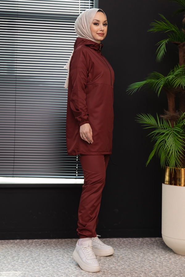 Düz Kapsonlu Yaka Kadın Bordo Tunik Pantolon - 3963
