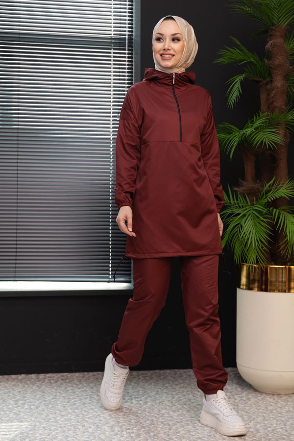 Düz Kapsonlu Yaka Kadın Bordo Tunik Pantolon - 3963