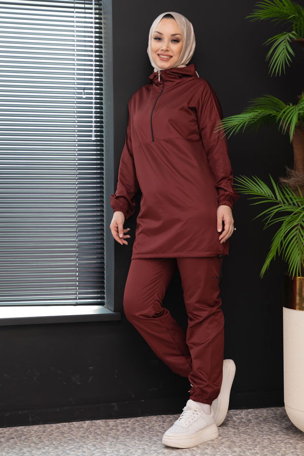 Düz Kapsonlu Yaka Kadın Bordo Tunik Pantolon - 3963