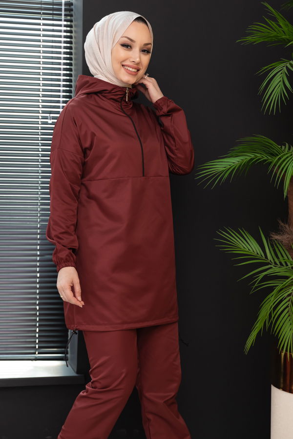 Düz Kapsonlu Yaka Kadın Bordo Tunik Pantolon - 3963