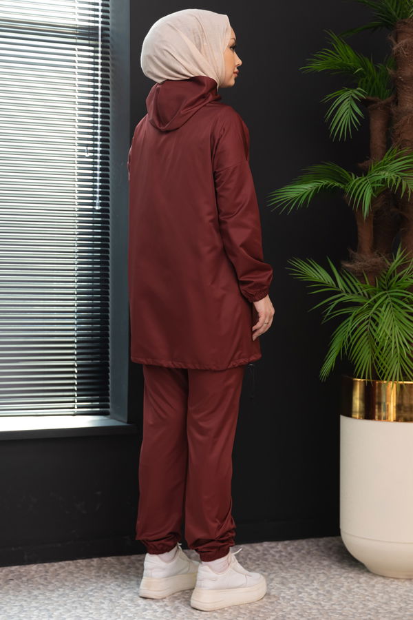 Düz Kapsonlu Yaka Kadın Bordo Tunik Pantolon - 3963