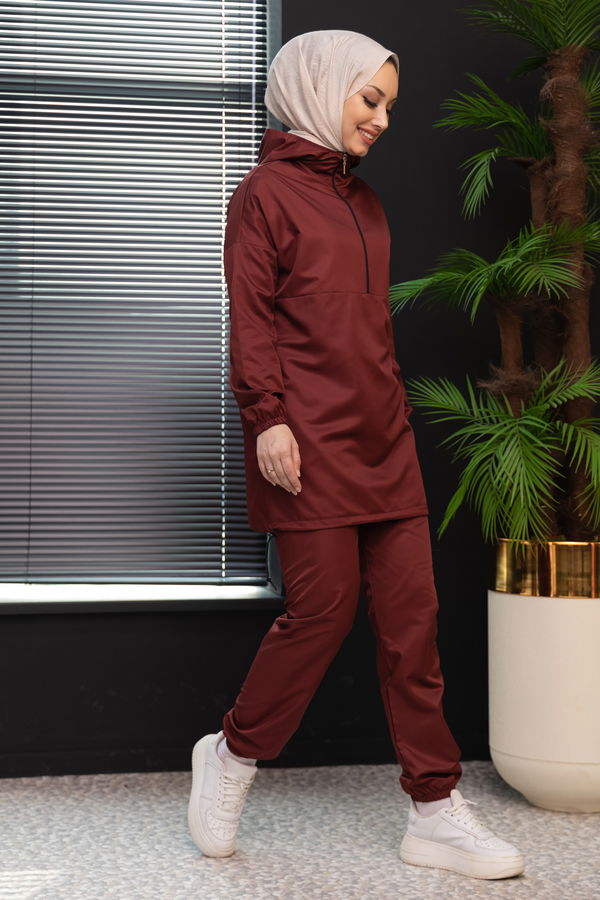 Düz Kapsonlu Yaka Kadın Bordo Tunik Pantolon - 3963