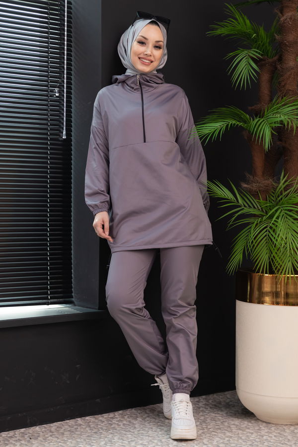 Düz Kapsonlu Yaka Kadın Gri Tunik Pantolon - 3963 GRİ