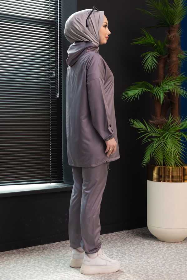 Düz Kapsonlu Yaka Kadın Gri Tunik Pantolon - 3963 GRİ