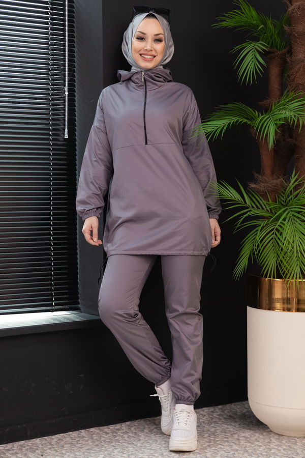 Düz Kapsonlu Yaka Kadın Gri Tunik Pantolon - 3963 GRİ