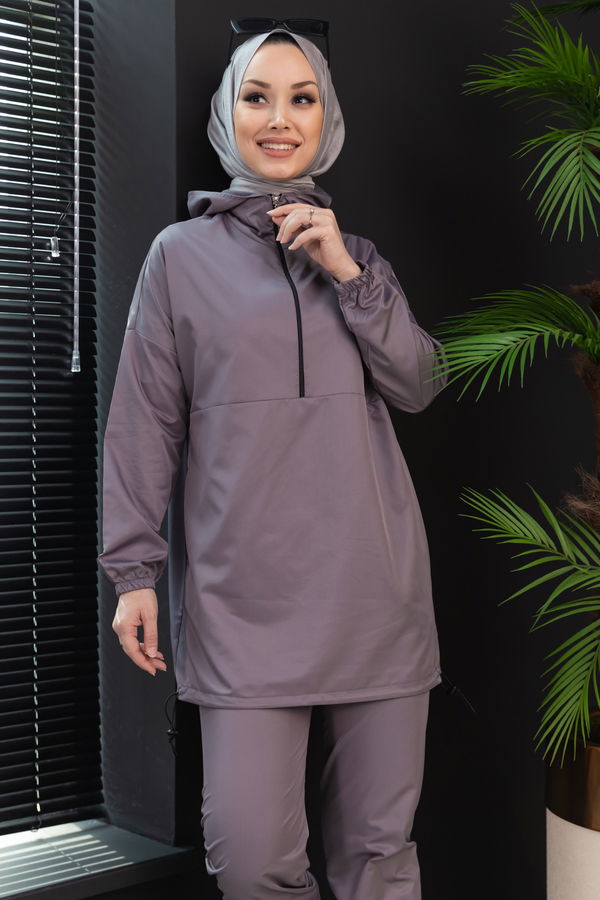 Düz Kapsonlu Yaka Kadın Gri Tunik Pantolon - 3963 GRİ