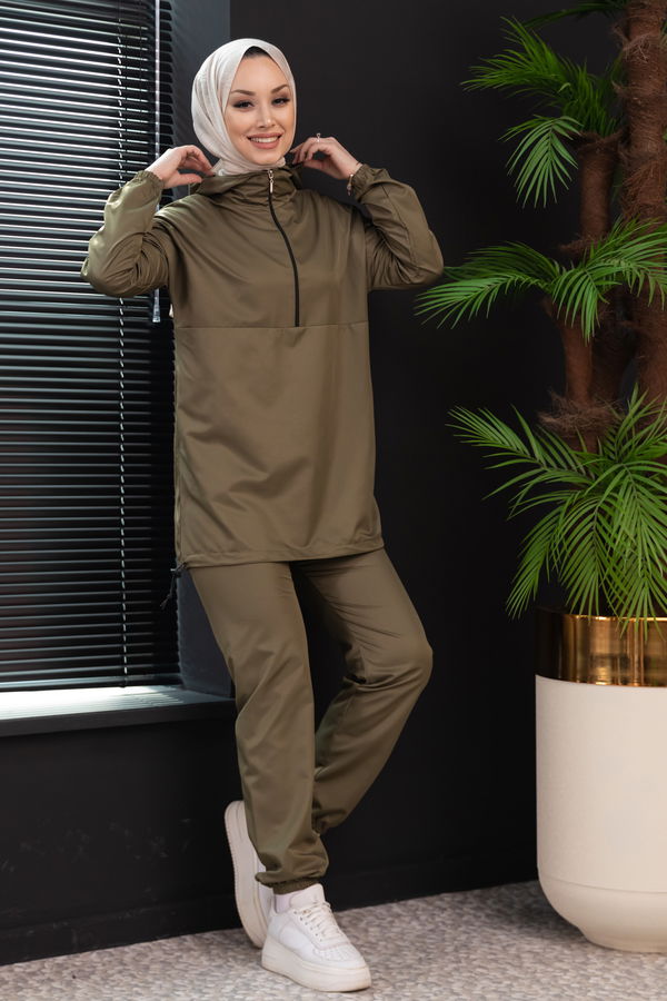 Düz Kapsonlu Yaka Kadın Haki Tunik Pantolon - 3963 HAKİ