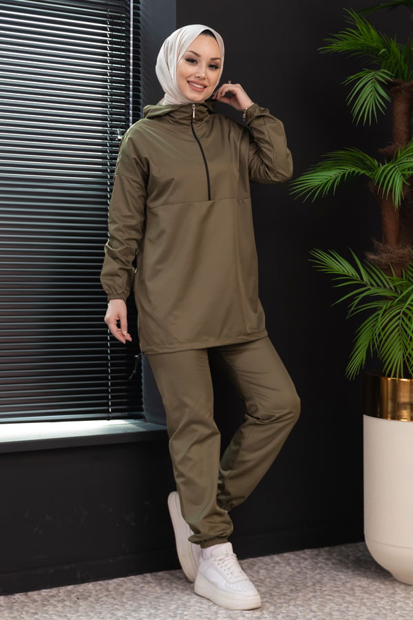 Düz Kapsonlu Yaka Kadın Haki Tunik Pantolon - 3963 HAKİ