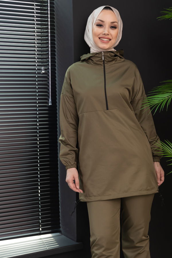 Düz Kapsonlu Yaka Kadın Haki Tunik Pantolon - 3963 HAKİ