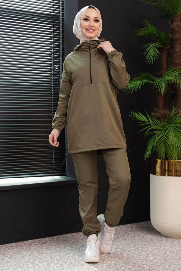 Düz Kapsonlu Yaka Kadın Haki Tunik Pantolon - 3963 HAKİ