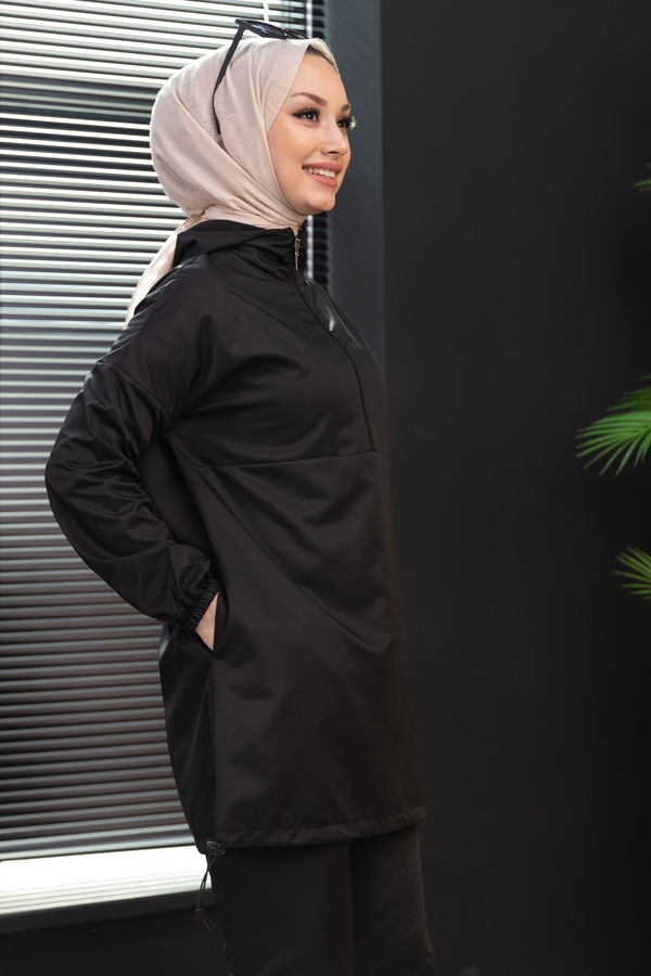 Düz Kapsonlu Yaka Kadın Siyah Tunik Pantolon - 3963