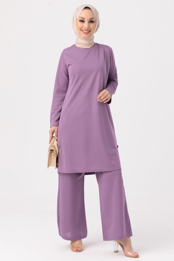 Düz Bisiklet Yaka Kadın Lila TUNIK PANTOLON - 3516 LİLA