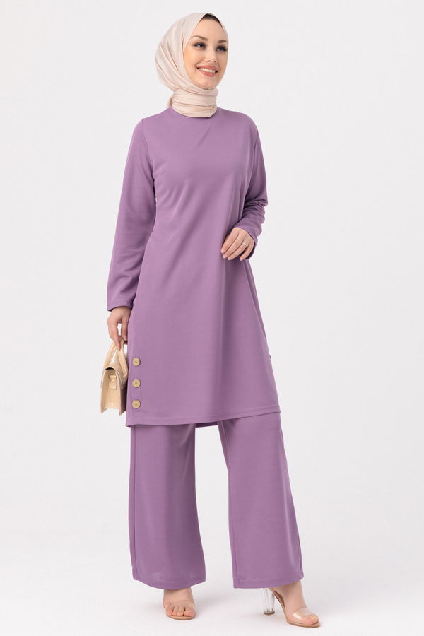 Düz Bisiklet Yaka Kadın Lila TUNIK PANTOLON - 3516 LİLA