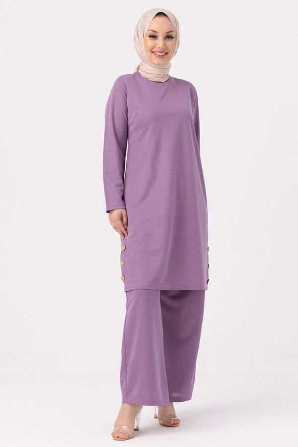 Düz Bisiklet Yaka Kadın Lila TUNIK PANTOLON - 3516 LİLA
