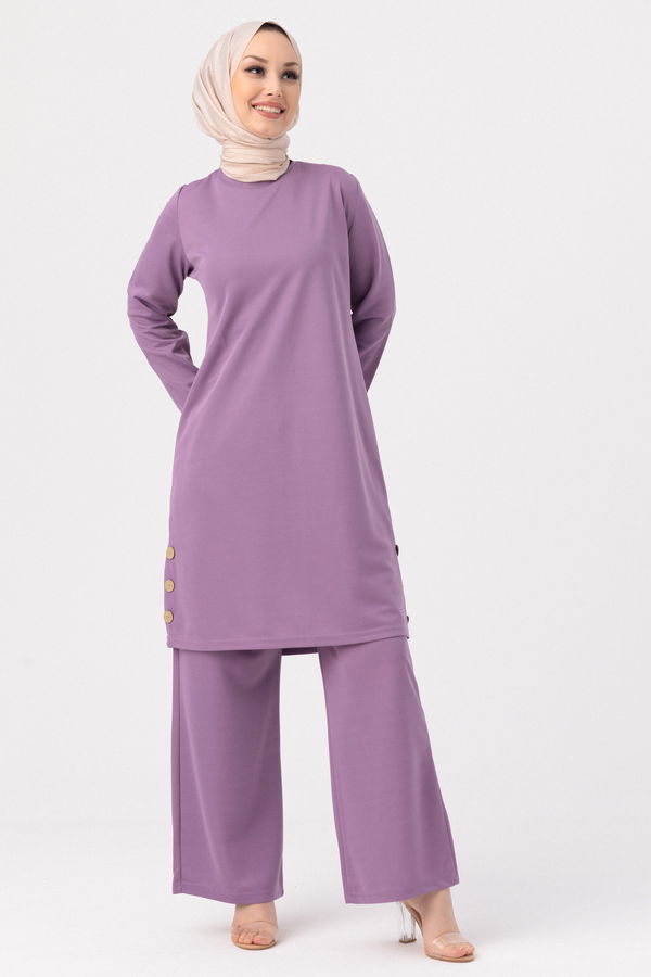 Düz Bisiklet Yaka Kadın Lila TUNIK PANTOLON - 3516 LİLA